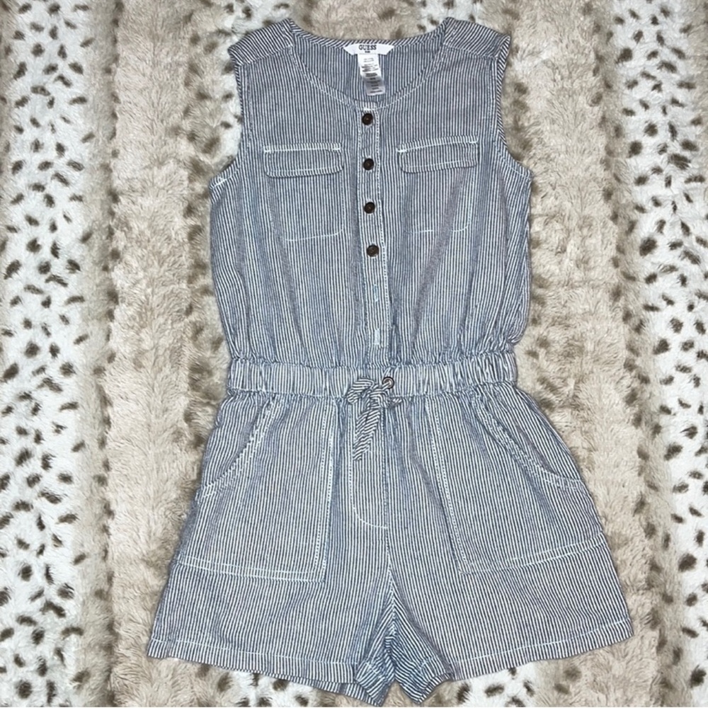 Guess Kids Girls Navy Blue & White Pinstripe Utility Sleeveless Romper Size 7/8